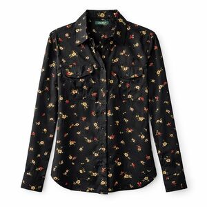 Ralph Lauren | Floral Black Button Down 100% Cotton Blouse Size Large
